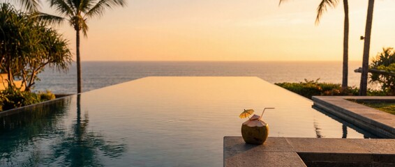 A luxurious infinity pool overlooking the ocean, with coconut drink under sunset skies. Escape to paradise.