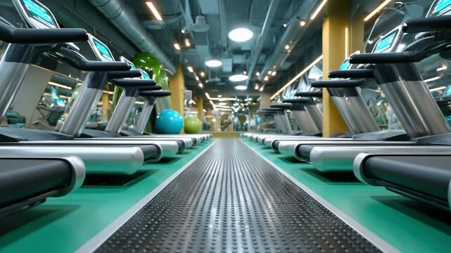 Gym Treadmills: a modern gym featuring rows of treadmills beckons, inviting visitors to embark on their fitness journey.