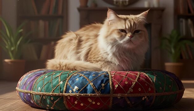 Ginger cat relaxing indoors on decorative cushion