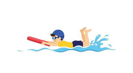 Cartoon illustration of a young boy wearing a swim cap and goggles learning to swim and kick in the water with a red kickboard.