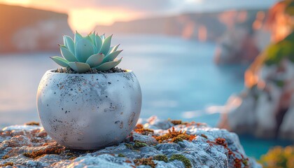 Close up of a small succulent plant in a speckled gray pot sitting on a mossy rock with a blurred ocean and cliff background during a golden hour sunset.
