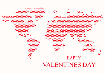 Happy Valentines Day, world map in heart silhouette pattern. Love in Earth concept. Vector stock illustration