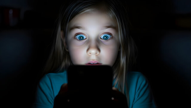 Amazed little girl with wide blue eyes, captivated by the glowing screen of a smartphone in a completely dark room, showing intense curiosity and a touch of childlike wonder