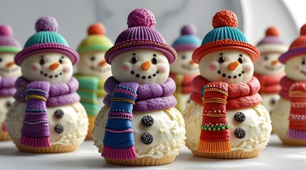 Fototapeta premium intricately designed Snowman pastries, each adorned with vibrant scarves wrapped around their middle sections and topped with miniature hats, showcasing a variety of textures, from the smooth, creamy 
