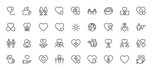Charity and donation line icons set including heart symbols medical help and social support