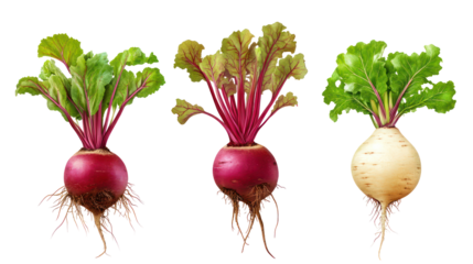 Beetroot rutabaga and turnip three root crops growing together on transparent background