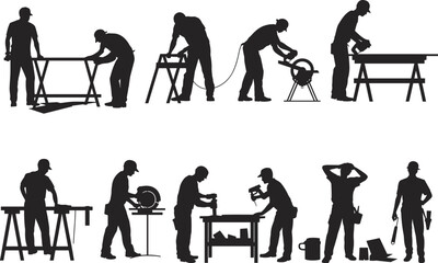 Carpenter and woodworker silhouettes set showing sawing cutting measuring and workshop tasks for construction craftsmanship industry concepts and industrial labor