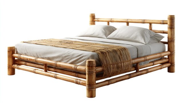 Bamboo Bed: This image features a bed frame constructed from bamboo, an eco-friendly material. The bed is adorned with white bedding and a decorative runner.