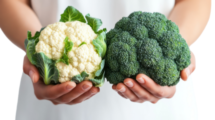 Broccoli and cauliflower two hands holding fresh florets natural texture on transparent background