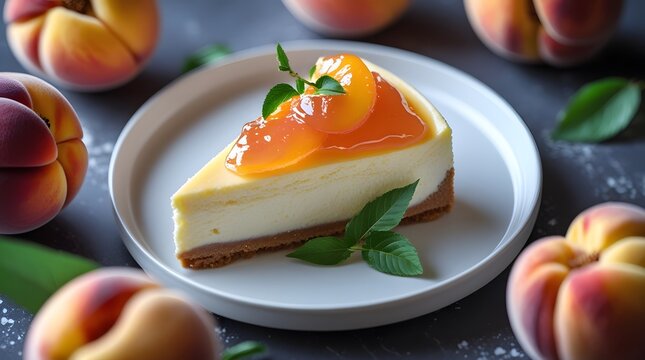 juicy dessert peaches, a slice of creamy cheesecake with a layer of vibrant peache jelly on a pristine white plate, viewed from directly above, with a blurred background