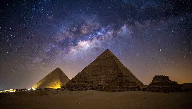 Egyptian pyramids illuminated under a starry night sky, Milky Way above ancient monuments, dramatic
