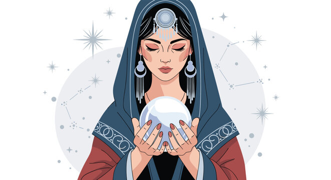 Mysterious fortune teller or gypsy woman with closed eyes gazing into a glowing crystal ball to predict the future.