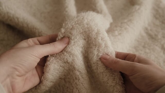 Closeup aesthetic video of hands touching soft wool sweater. Ivory fluffy knitted sweater for cold winter. Appreciating pleasant texture of high quality clothes. Soft and cosy clothes. 