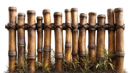 Fototapeta premium Rustic Bamboo Fence: An artistic perspective showcases a natural bamboo fence, each pole tied with a rope. It's an outdoor feature showcasing a touch of tropical flair and rustic design.