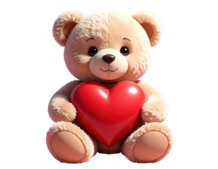 Cute teddy bear holding a pink heart isolated on transparent background, a sweet and adorable plush toy for valentines day or any special occasion