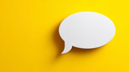 A simple white speech bubble casting a shadow against a vibrant yellow background, symbolizing dialogue and communication