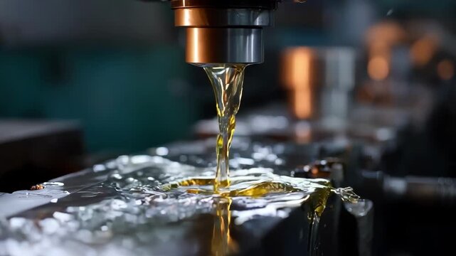Medium shot featuring nontoxic die lubricants being poured into metalworking machines to promote safe and green production methods.