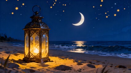 Tranquil seaside composition with illuminated lantern crescent moon and soft reflections creating calm spiritual Ramadan evening atmosphere