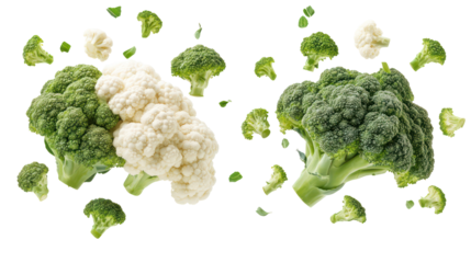 Broccoli and cauliflower two piles of florets falling on transparent background