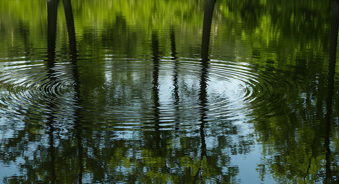 Forest Reflection in Water with Circular Ripples