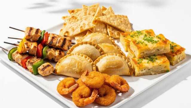 A platter of assorted food including skewers shrimp empanadas and squares of lasagna on a white plate