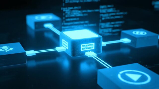 Futuristic Abstract Animation of Glowing Blue Cubes Interacting, Representing Data Flow or Blockchain