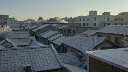 An aerial view captures the serene cityscape blanketed in winter's embrace, showcasing a harmonious blend of architectural styles and the stark beauty of a frosty morning.