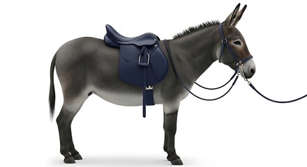 Donkey wearing a blue saddle and bridle standing alone