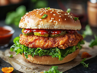 Premium spicy fried chicken burger with crunchy coating and sesame bun, styled as gourmet street food. Perfect for upscale fast-food menu, delivery services and luxury modern restaurant advertising.