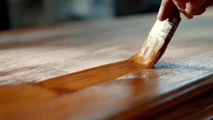 Medium shot focused on the delicate brush strokes used to spread a matte finish on a radio cabinet showcasing precision and care in the woodworking process