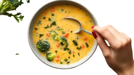 Broccoli cheddar soup with broccoli florets and cheddar cheese on transparent background