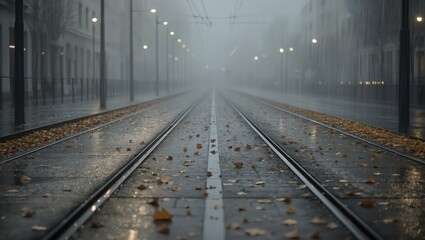 Rain-soaked tram tracks stretch into the misty distance, reflecting the muted light of street lamps in a melancholic urban scene. 