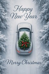 A silver car carrying a Christmas tree drives through a snowy forest