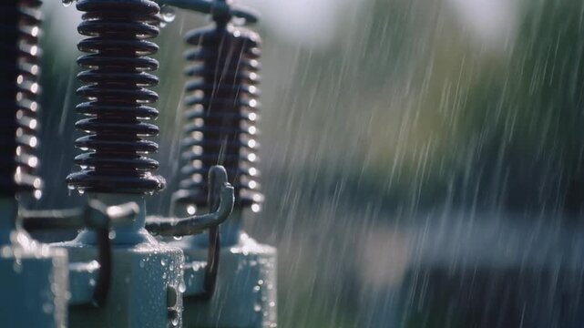 Heavy rain falling on electrical insulators