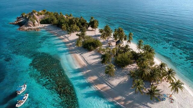 Paradise Isle: A breathtaking panorama unfolds as a secluded island paradise emerges from the embrace of turquoise waters, offering an irresistible allure of tranquility and adventure.