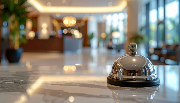 Hotel front desk service bell, blurred upscale lobby background, premium hospitality and check-in