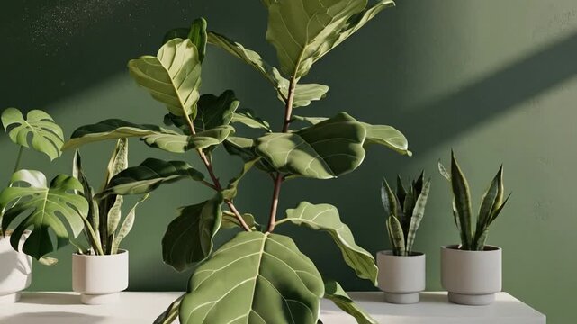 A serene indoor scene featuring a lush fiddle leaf fig plant in a modern pot, complemented by smaller potted plants on a sleek table against a calming green wall, with soft shadows creating a tranquil