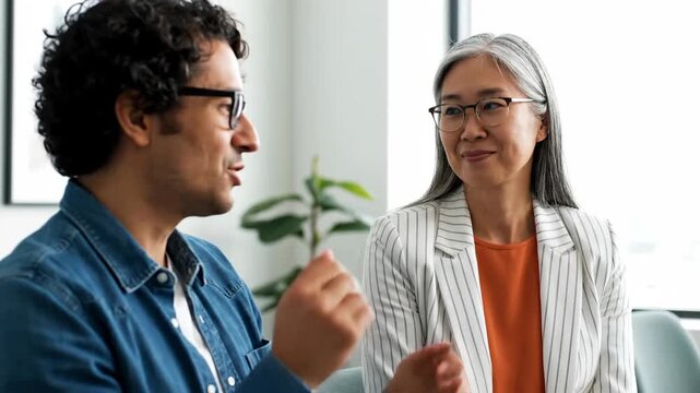 Experienced Asian businesswoman with grey hair and glasses converses amiably with a younger male colleague in a modern office.