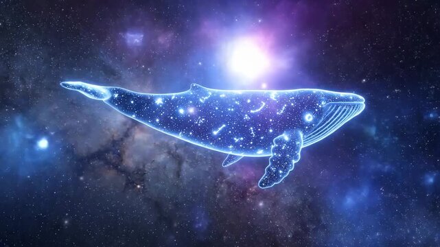 Glowing whale swimming through the starry expanse of space