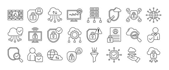 Minimalist outline icon set of secure access service edge SASE and cloud networking. Features icons for VPN, encryption, threat detection, and digital privacy. Fully editable vector graphics for profe