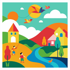 Fototapeta premium Hand drawn whimsical rural landscape digital painting