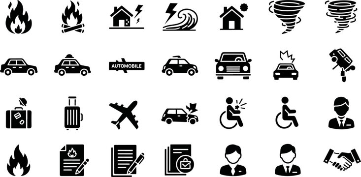 Insurance icons set fire car storm house tornado travel disability people and handshake vector illustration