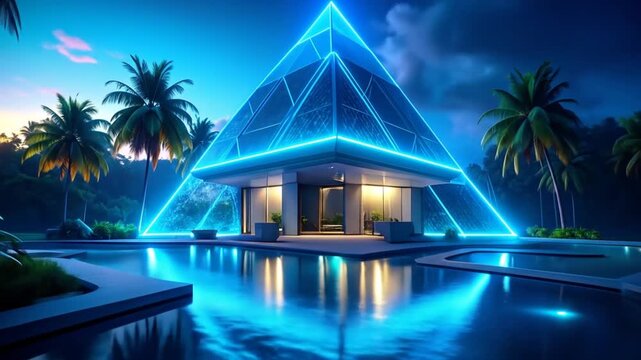 Modern architectural pyramid shaped building with neon lights and reflecting pool outdoors at night