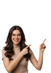 Young caucasian woman (22) with espresso hair, round glasses, smiling, pointing both index fingers upwards to transparent copy space, transparent studio background, concept for brand endorsement