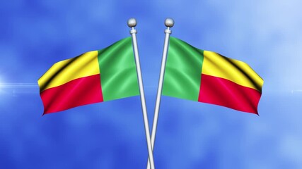 Benin Crossed Flags Waving in Blue Sky Loop Animation | Realistic 3D National Flag Background