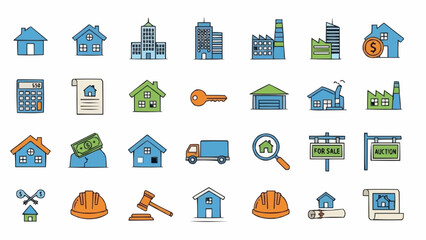 Real Estate and Construction Icon Set - Diverse Property and Building Symbols.