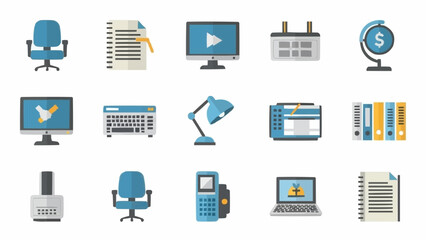 Office Supplies and Equipment Icons Set for Business and Work.
