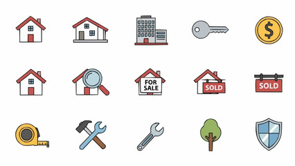 Real Estate and Home Improvement Icon Set - Houses, Tools, and Symbols.