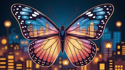 Butterfly wings formed by a vibrant cityscape at twilight with glowing lights