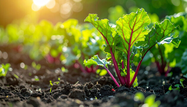 Sugar beet plants growing in organic garden, leaves and soil texture, soft natural light, eco-friendly